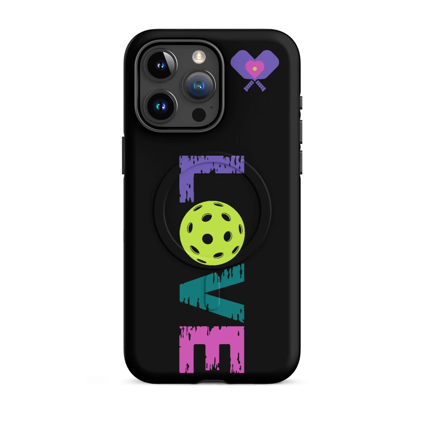 LOVE Pickleball MagSafe® Tough Case for iPhone® featuring colorful text and pickleball graphic.