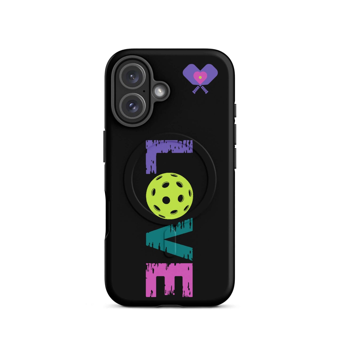 LOVE Pickleball MagSafe Tough Case for iPhone, featuring vibrant colors and a pickleball graphic for enthusiasts.