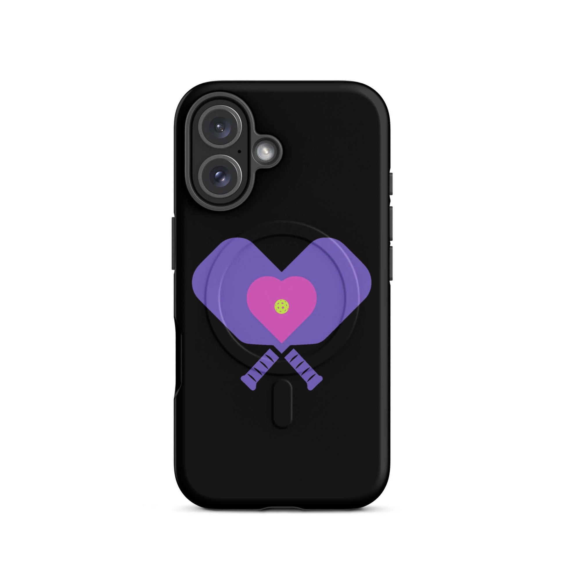 LOVE Pickleball MagSafe Tough Case for iPhone featuring heart-shaped paddles on a black background.