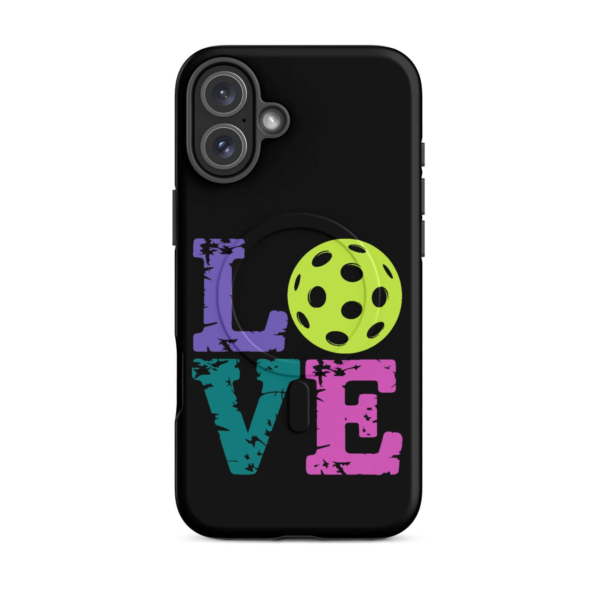 LOVE Pickleball MagSafe Tough Case for iPhone, colorful design with pickleball graphic on a black background.