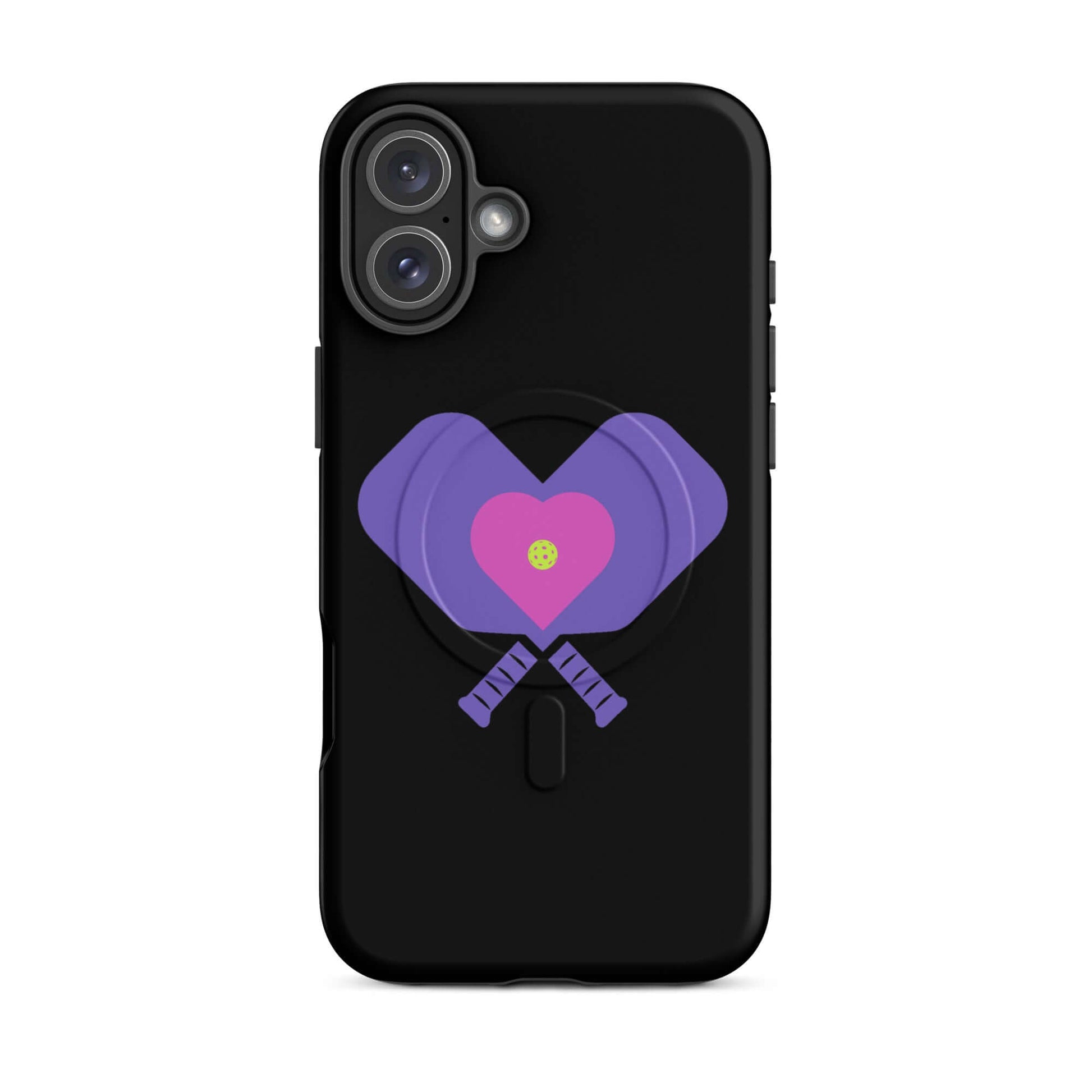 LOVE Pickleball MagSafe Tough Case for iPhone featuring heart and paddle design on a black background.