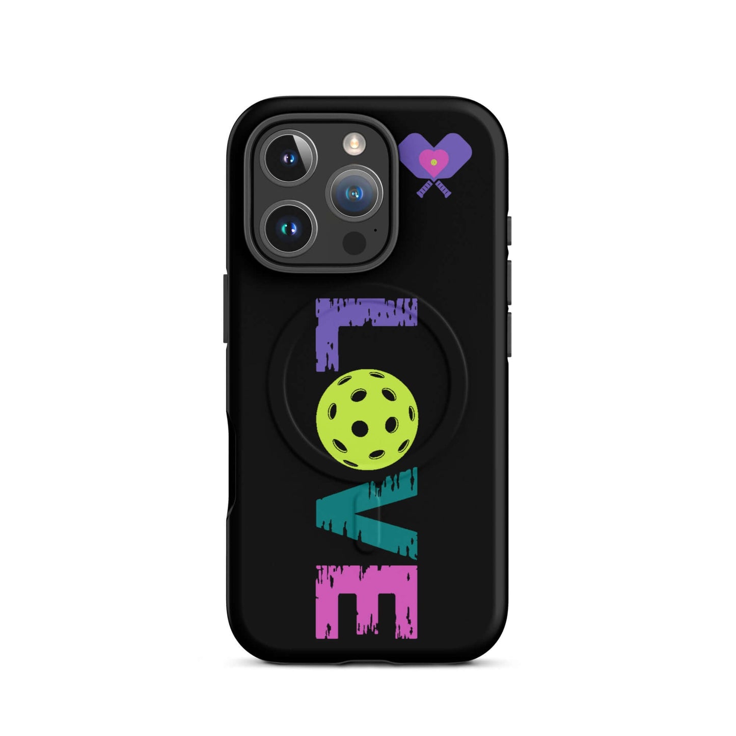 LOVE Pickleball MagSafe Tough Case for iPhone featuring vibrant colors and a pickleball design.