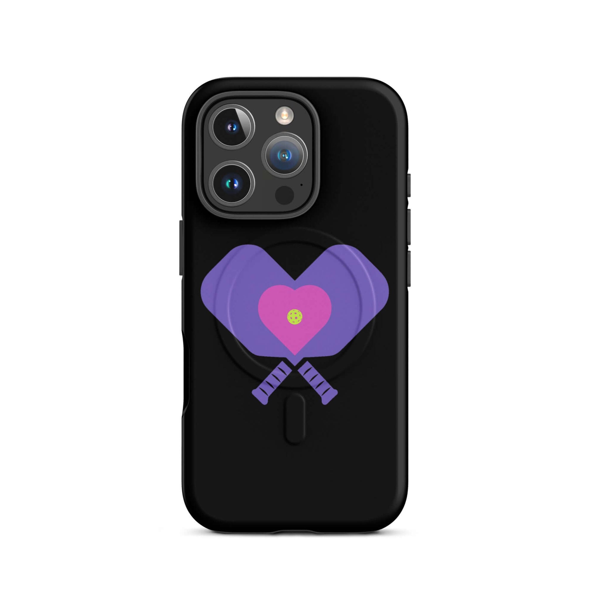 LOVE Pickleball MagSafe Tough Case for iPhone with purple paddles and heart design on black background.