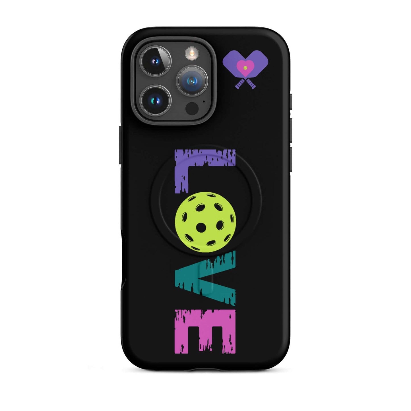 LOVE Pickleball MagSafe Tough Case for iPhone with colorful heart and pickleball design.