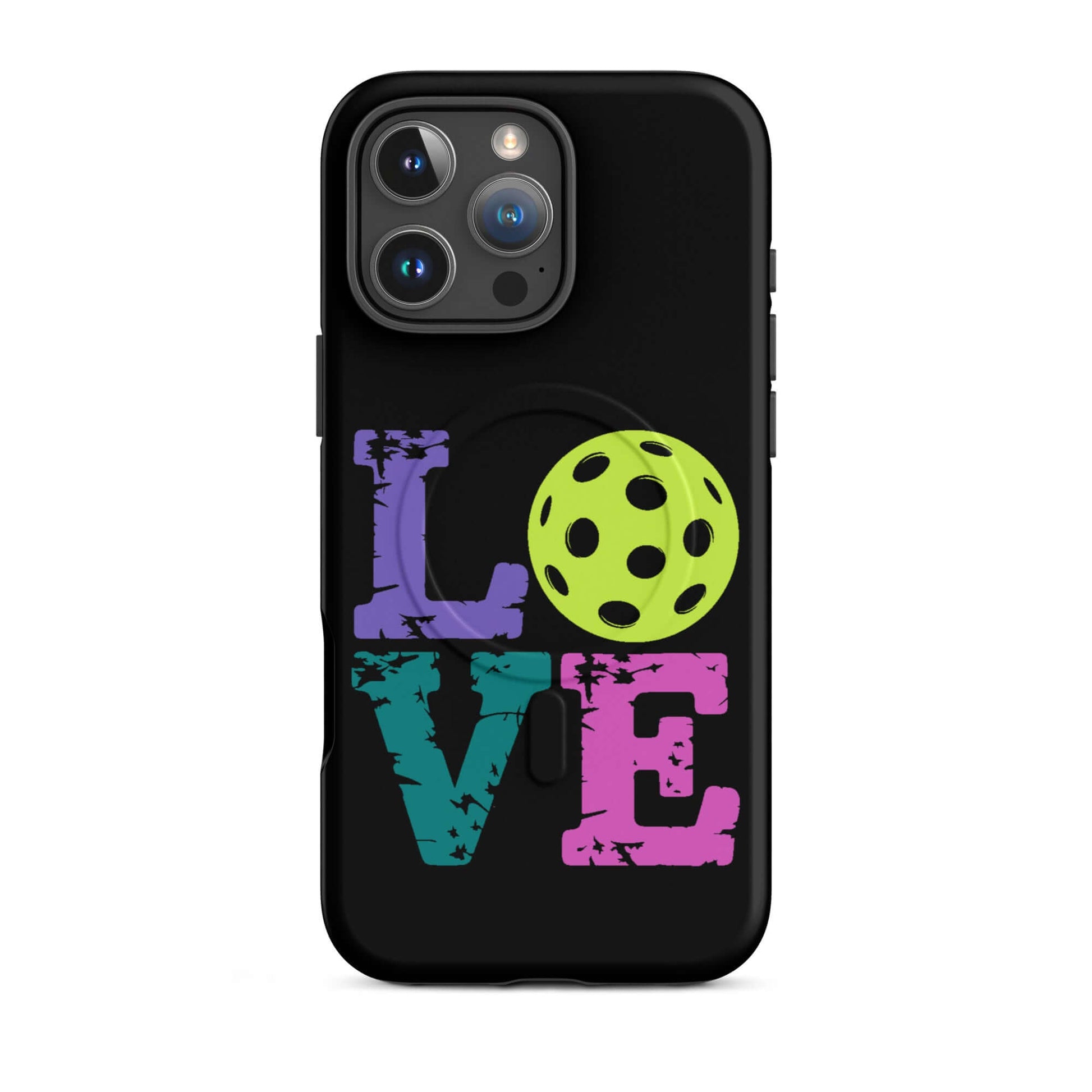 LOVE Pickleball MagSafe Tough Case for iPhone, colorful design with pickleball and text.