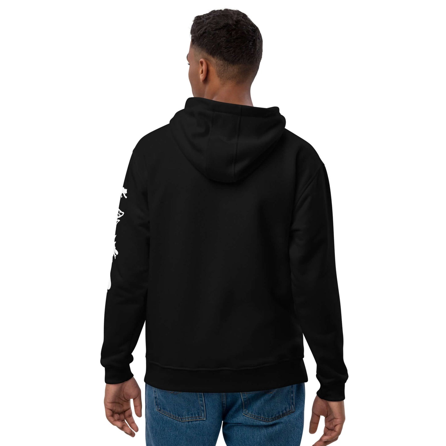 Back view of a man wearing the Adult Premium Eco Hoodie - Camping Edition in black, showcasing its unisex fit and hood.