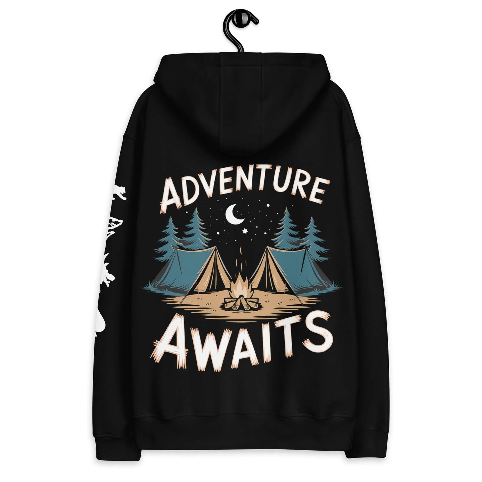 Black eco hoodie featuring 'Adventure Awaits' graphic with tents and nature design, perfect for camping enthusiasts.