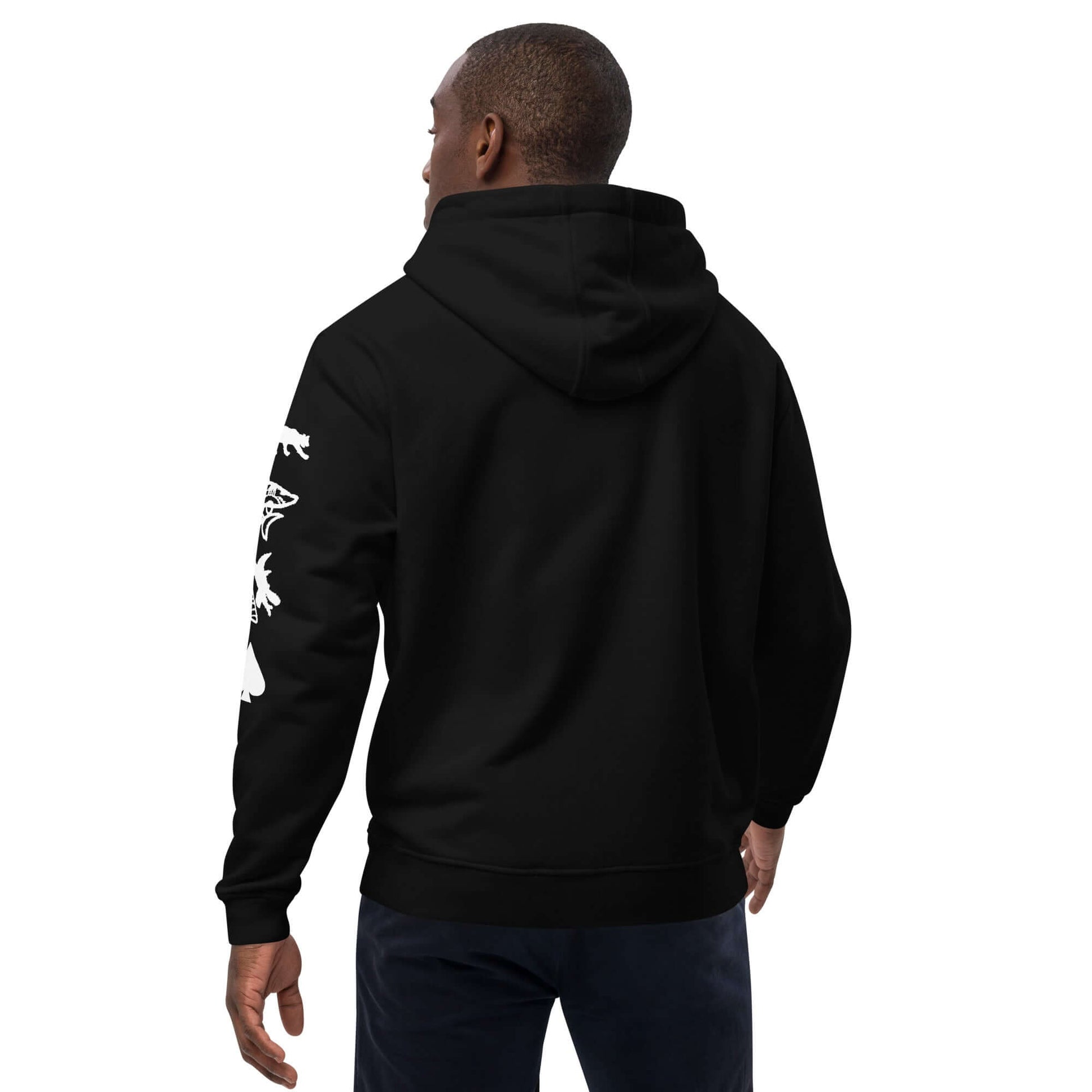 Back view of a man wearing the Adult Premium Eco Hoodie in black, featuring eco-friendly design elements.