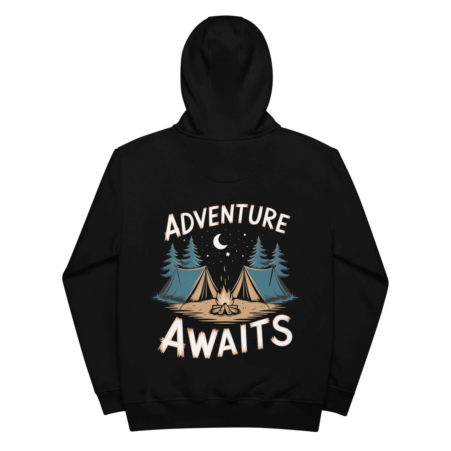 Black eco hoodie with 'Adventure Awaits' graphic design, perfect for camping enthusiasts.