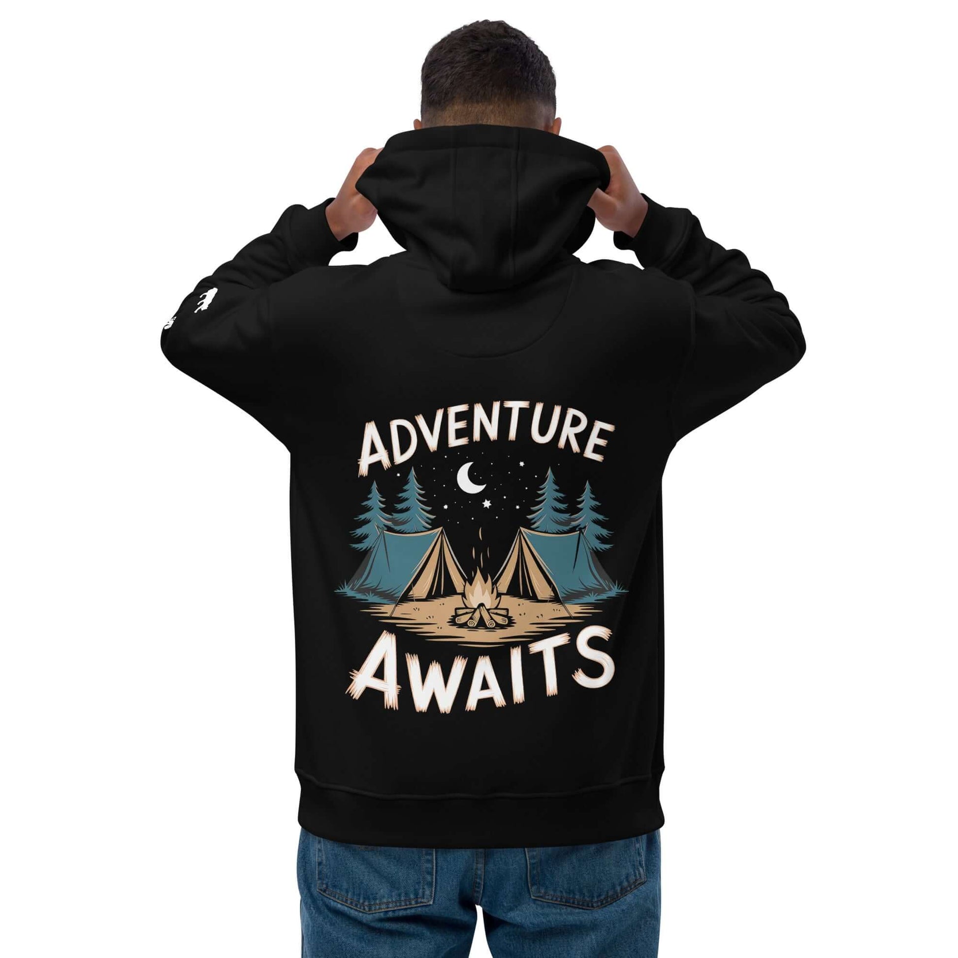 Back view of Adult Premium Eco Hoodie featuring 'Adventure Awaits' design, perfect for eco-friendly camping enthusiasts.