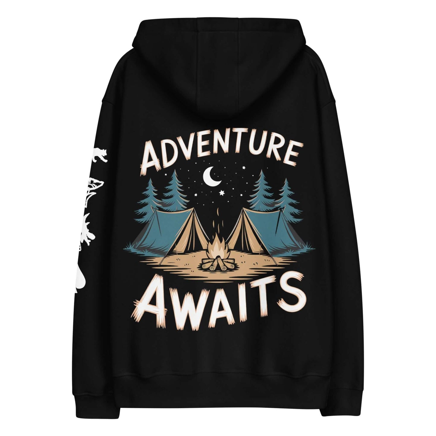 Adult Premium Eco Hoodie with camping design featuring the phrase 'Adventure Awaits' and tent graphics.