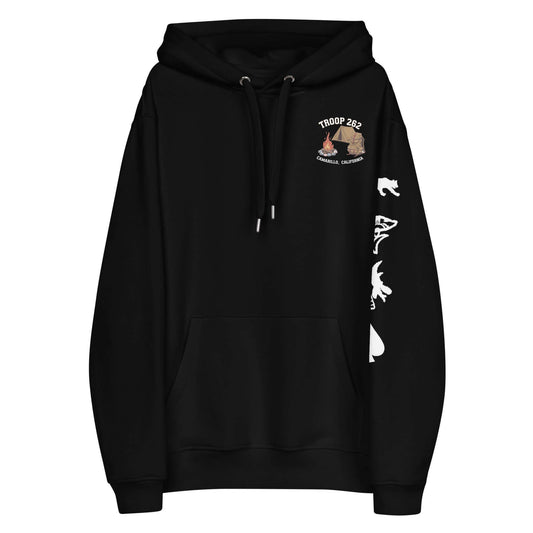 Adult Premium Eco Hoodie in black, featuring Troop 262 logo and wildlife graphics, perfect for camping adventures.