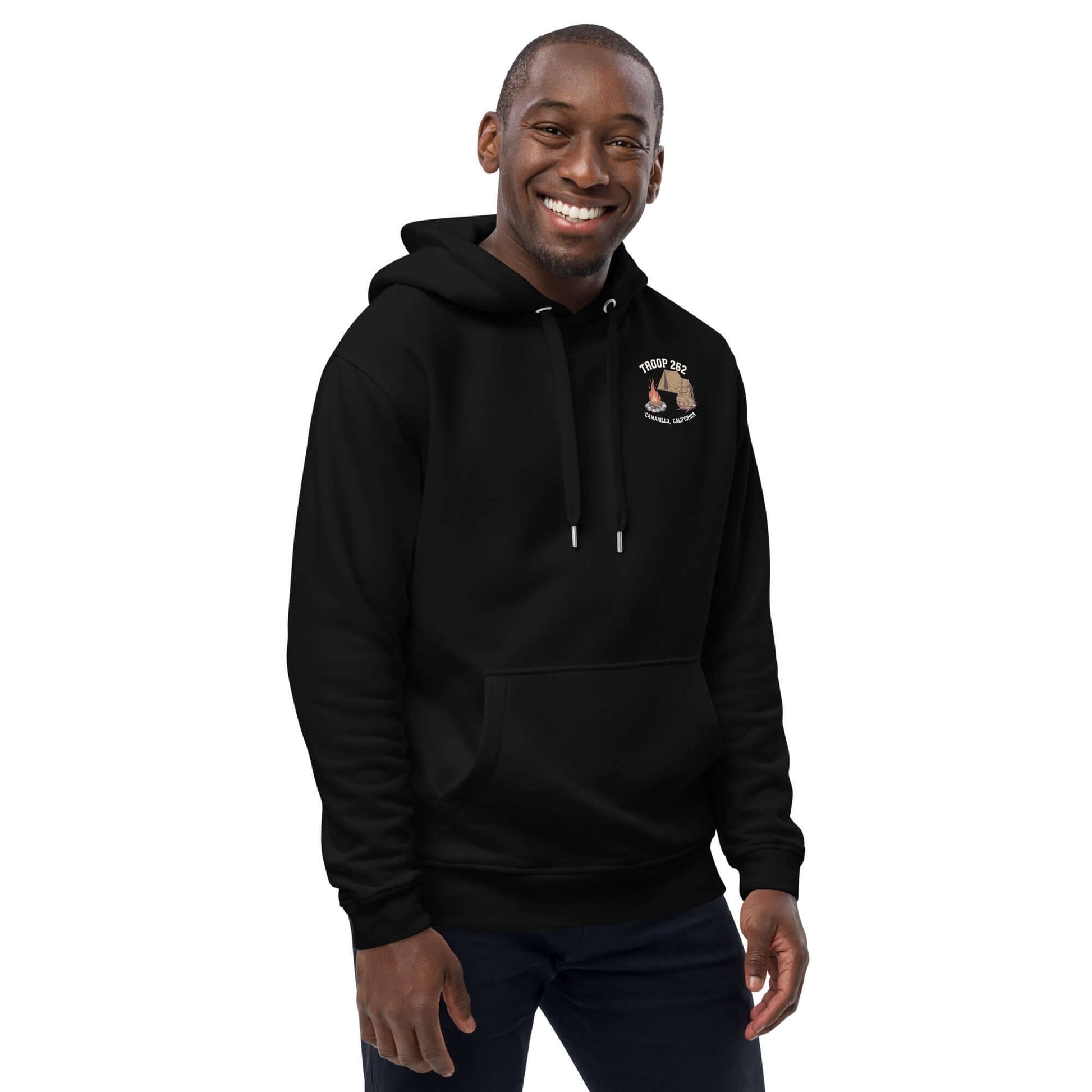 Adult Premium Eco Hoodie in black with eco-friendly design, perfect for camping and outdoor activities.