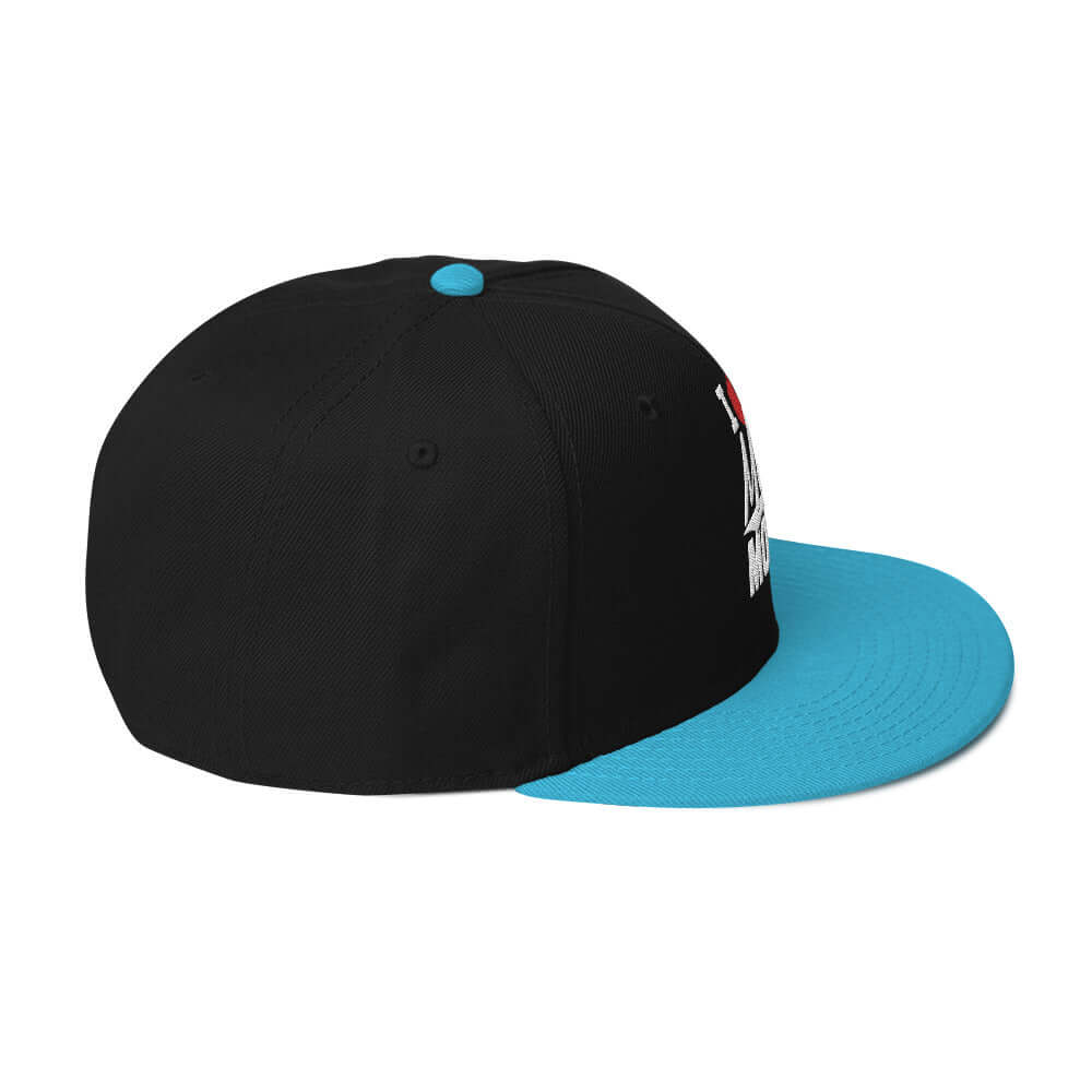 right side of Ronnie Mac 69's I Heart Moto Mom's Embroidered Snapback Hat (aqua blue/Black)