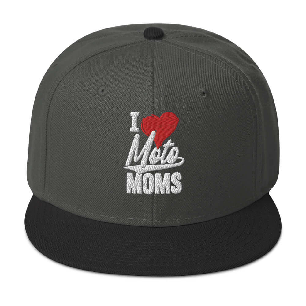 front side of Ronnie Mac 69's I Heart Moto Mom's Embroidered Snapback Hat (gray/charcoal)