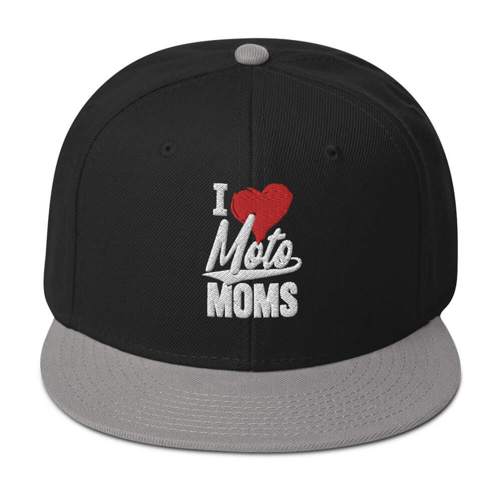 front side of Ronnie Mac 69's I Heart Moto Mom's Embroidered Snapback Hat (gray/Black)