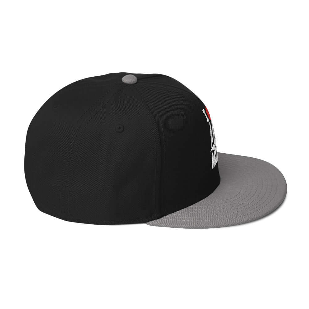 right side of Ronnie Mac 69's I Heart Moto Mom's Embroidered Snapback Hat (gray/Black)