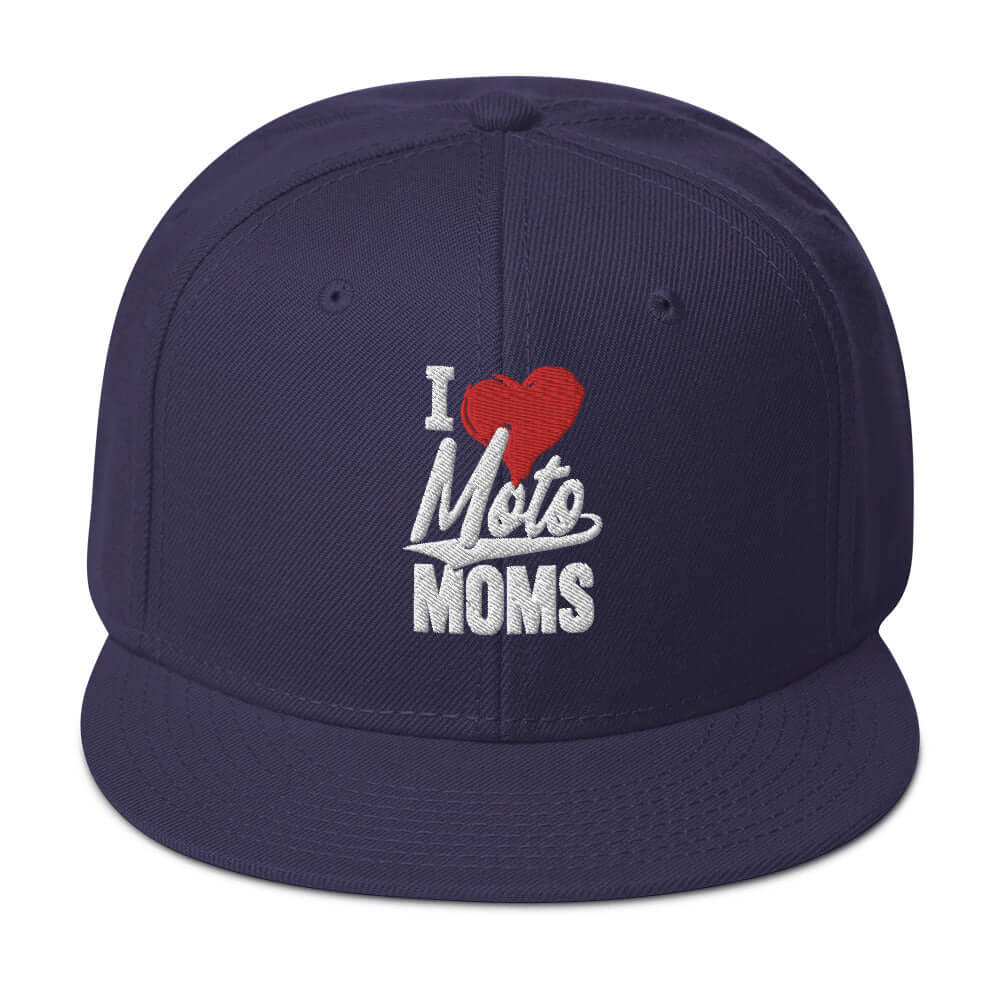 front side of Ronnie Mac 69's I Heart Moto Mom's Embroidered Snapback Hat (navy)