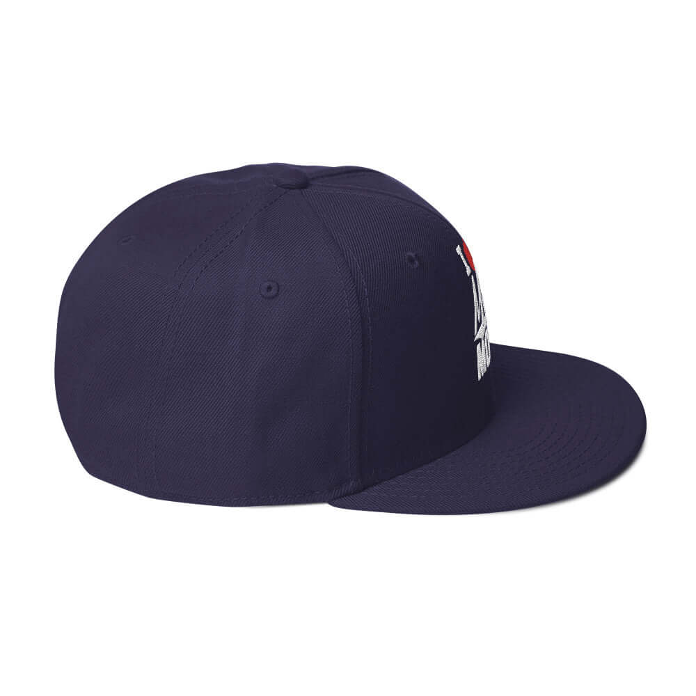 right side of Ronnie Mac 69's I Heart Moto Mom's Embroidered Snapback Hat (navy)