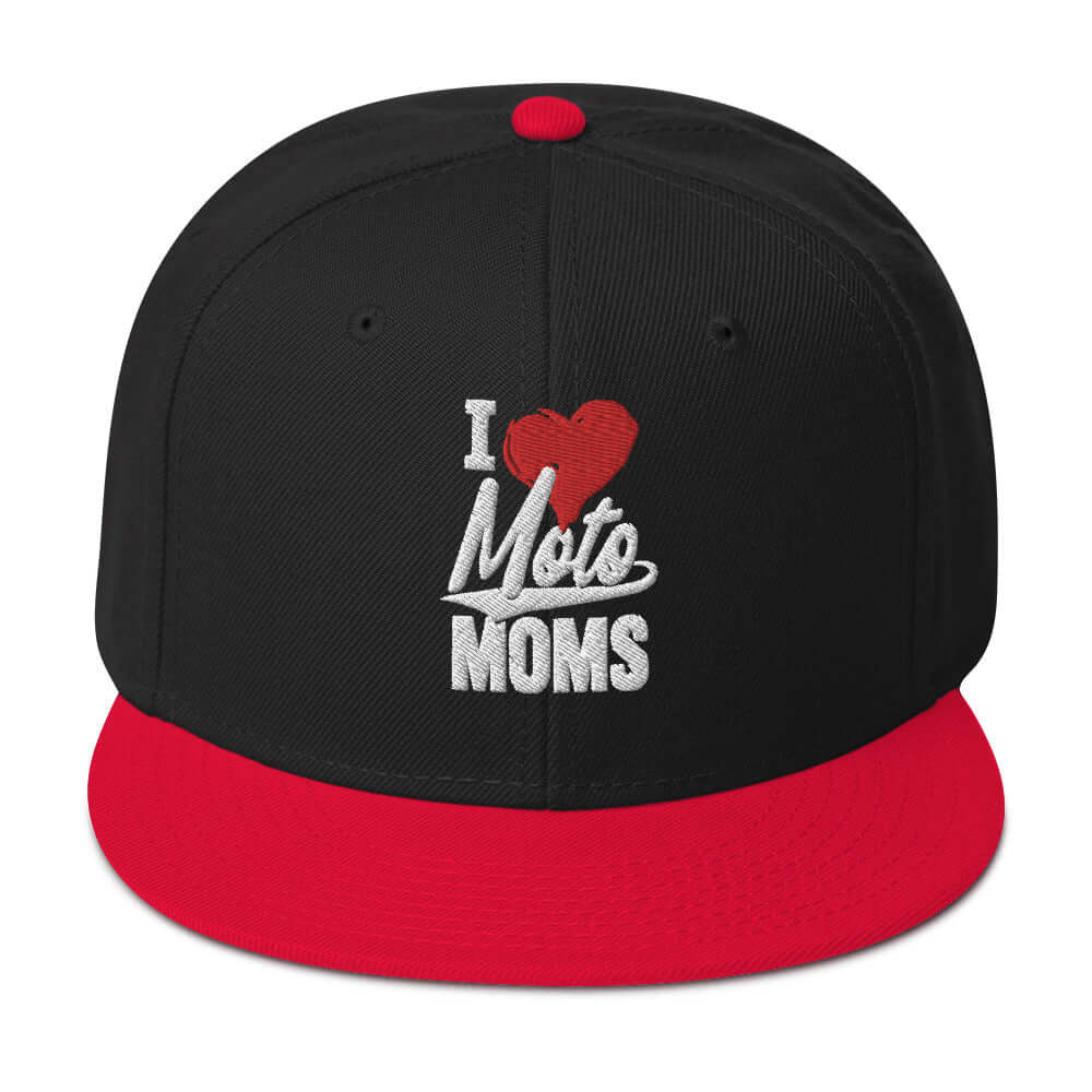 front side of Ronnie Mac 69's I Heart Moto Mom's Embroidered Snapback Hat (Red/Black)