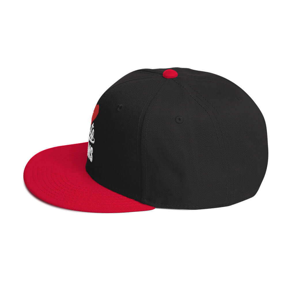 left side of Ronnie Mac 69's I Heart Moto Mom's Embroidered Snapback Hat (Red/Black)