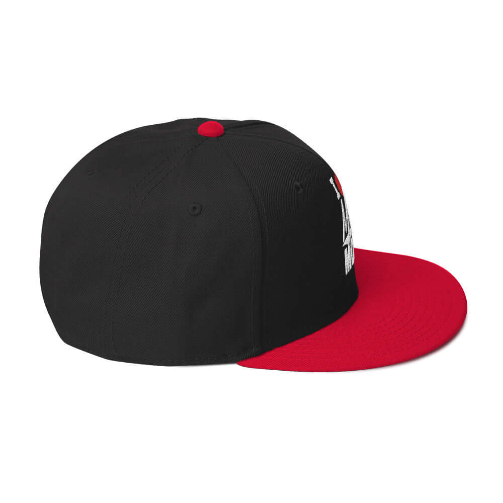 right side of Ronnie Mac 69's I Heart Moto Mom's Embroidered Snapback Hat (Red/Black)