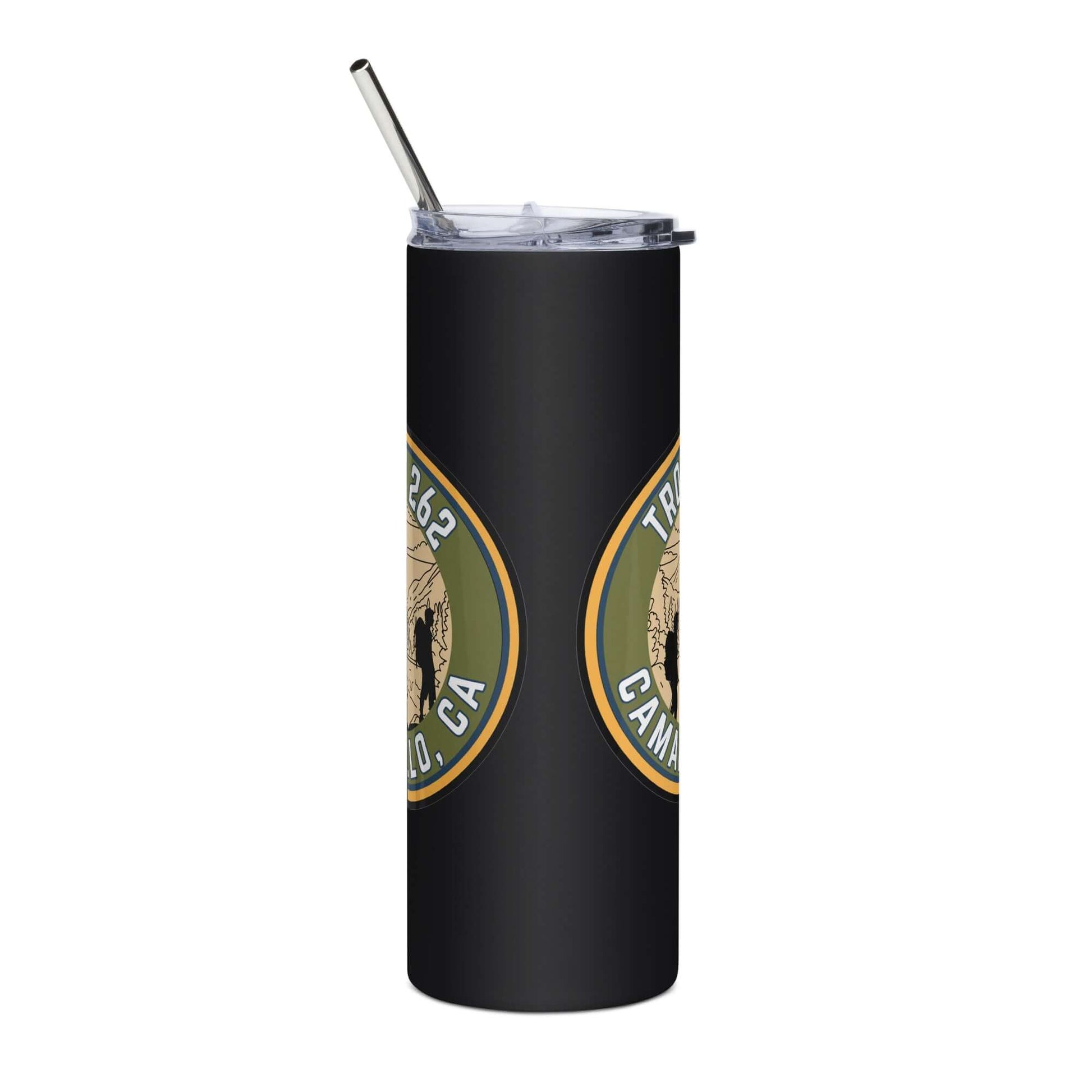 Stylish stainless steel tumbler with logo design and metal straw for hot or cold drinks on the go.