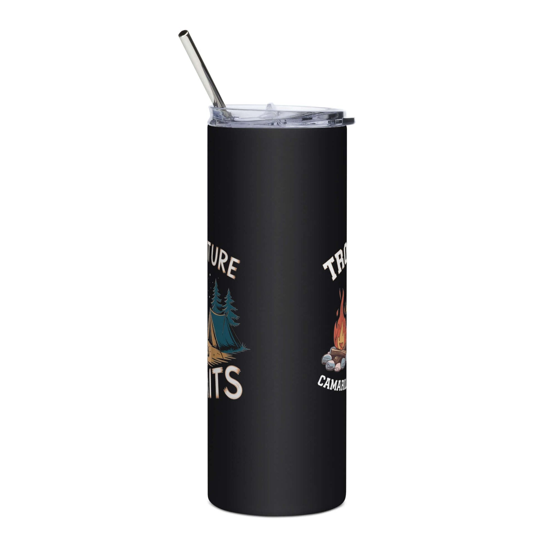 Stylish stainless steel tumbler with a straw, featuring camping-themed graphics, perfect for hot or cold beverages.