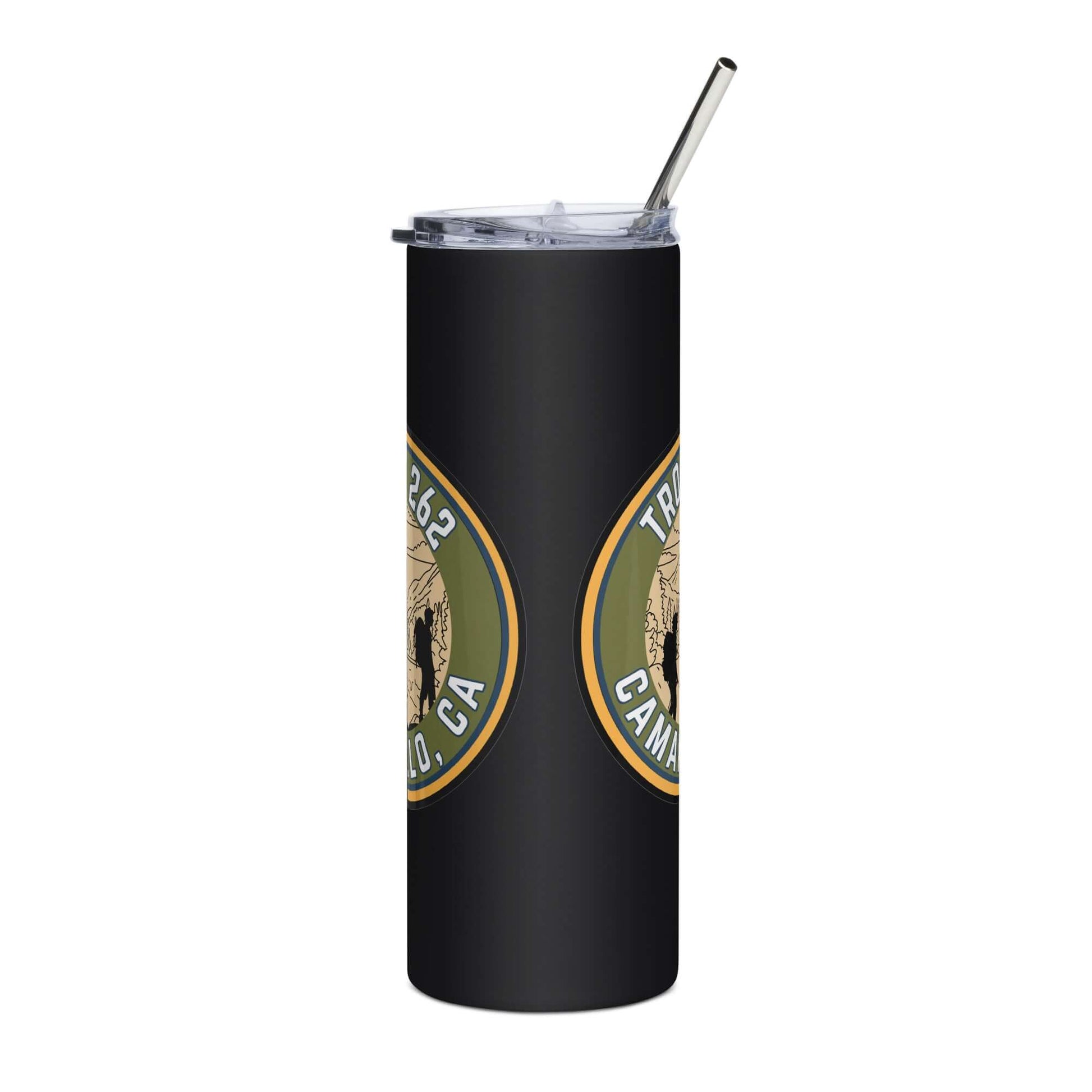 Stylish stainless steel tumbler with metal straw, featuring a design and logo for trendy drink on the go.