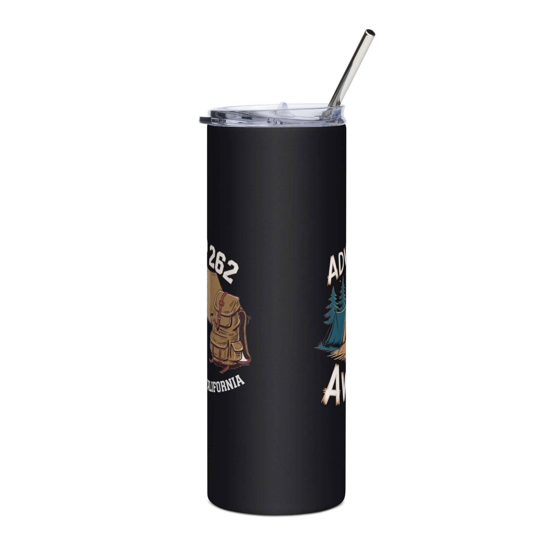 Stylish stainless steel tumbler with metal straw and colorful graphics, perfect for hot or cold drinks.