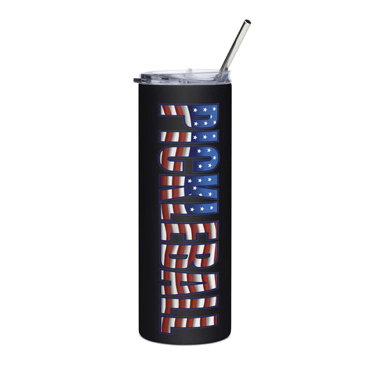 Stainless steel tumbler with American flag pickleball design, 20oz capacity, black base, and straw lid.