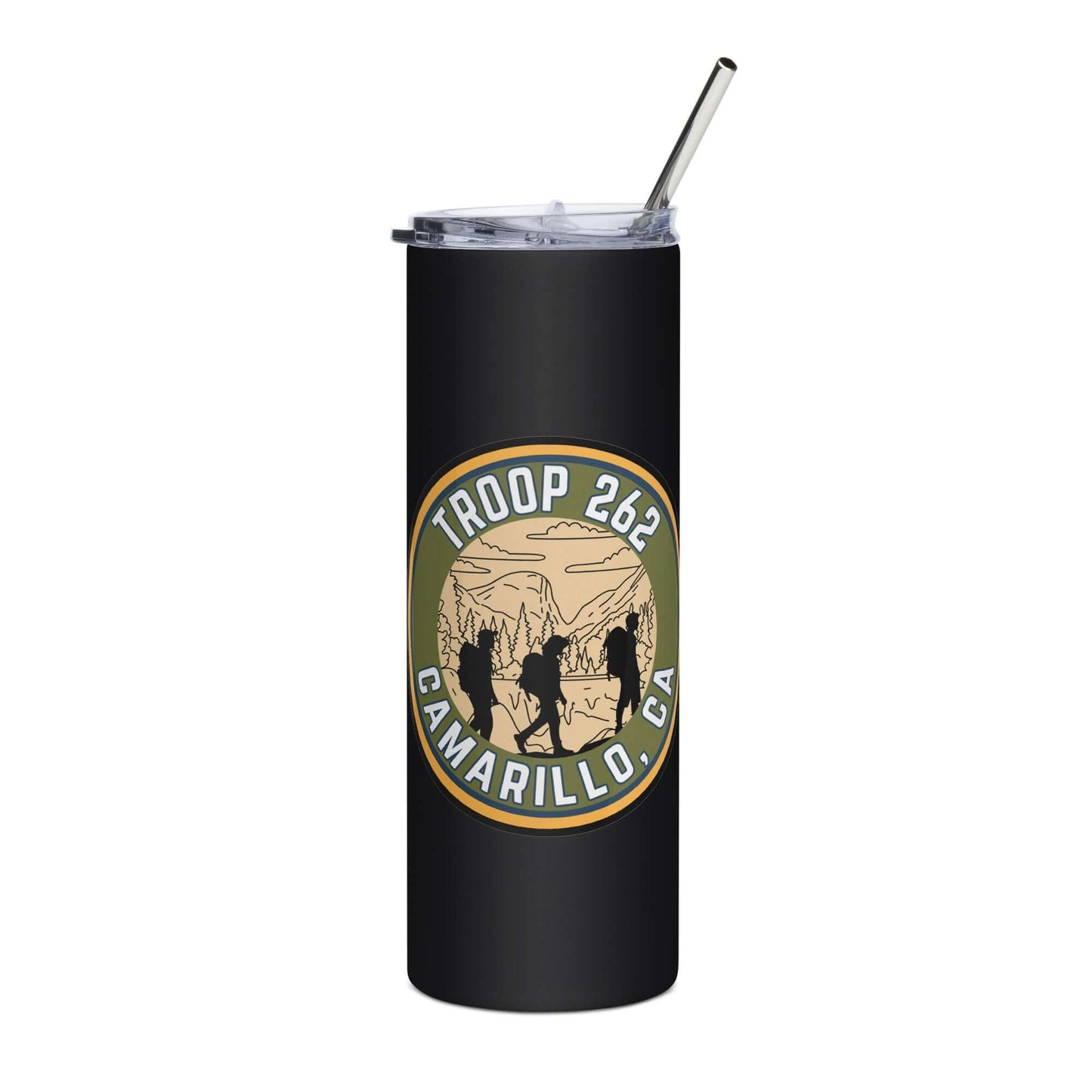 Stylish stainless steel tumbler with Troop 262 Camarillo, CA logo and metal straw, perfect for hot or cold drinks.