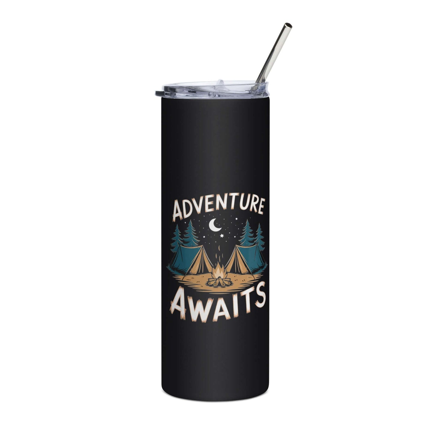 Stylish stainless steel tumbler with 'Adventure Awaits' design and metal straw, perfect for hot or cold drinks.