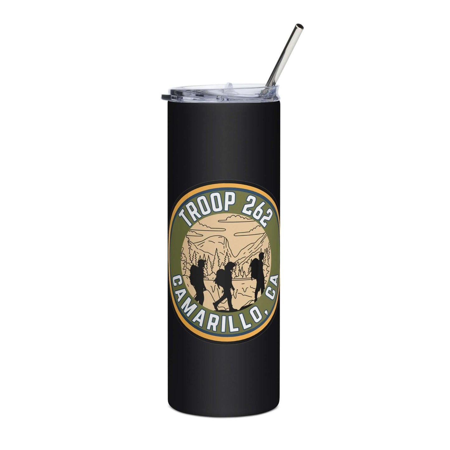 20 oz stainless steel tumbler with Troop 262 Camarillo, CA logo and metal straw for hot or cold drinks.