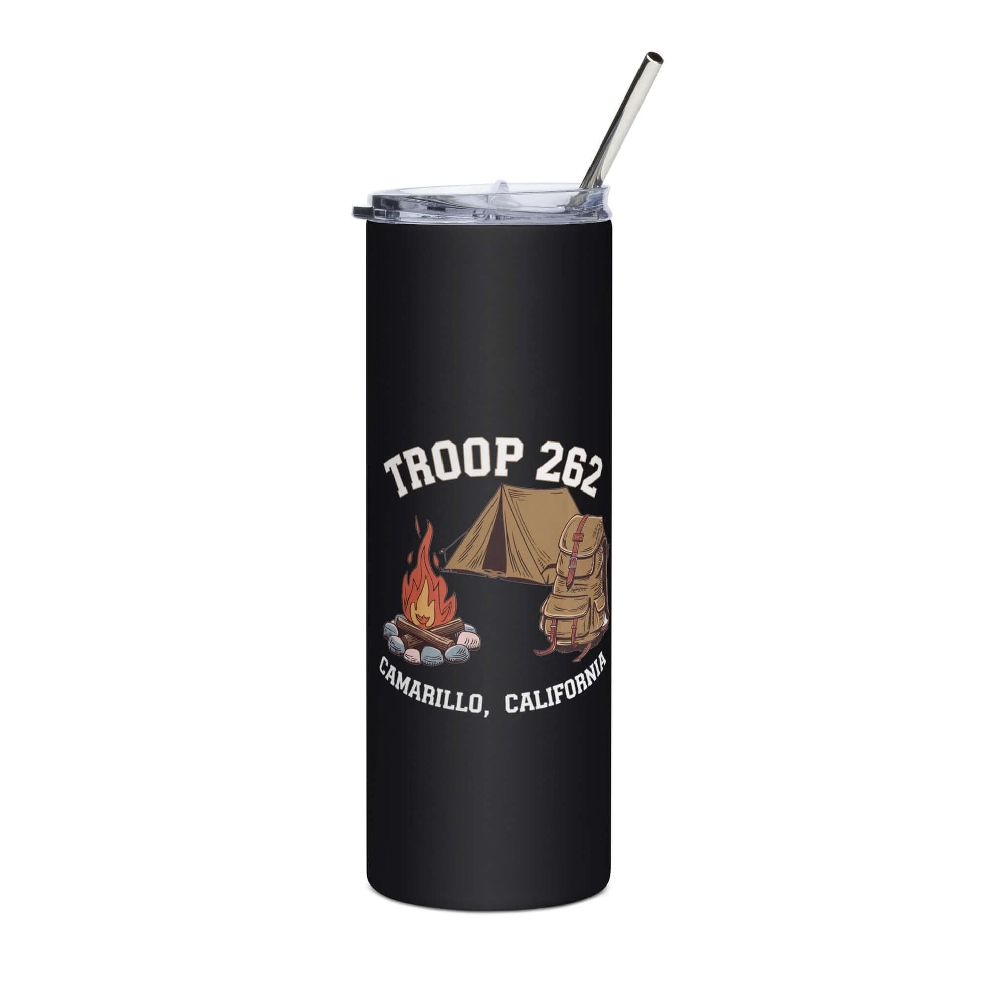 20 oz stainless steel tumbler with Troop 262 design and metal straw, featuring camping theme and text from Camarillo, California.