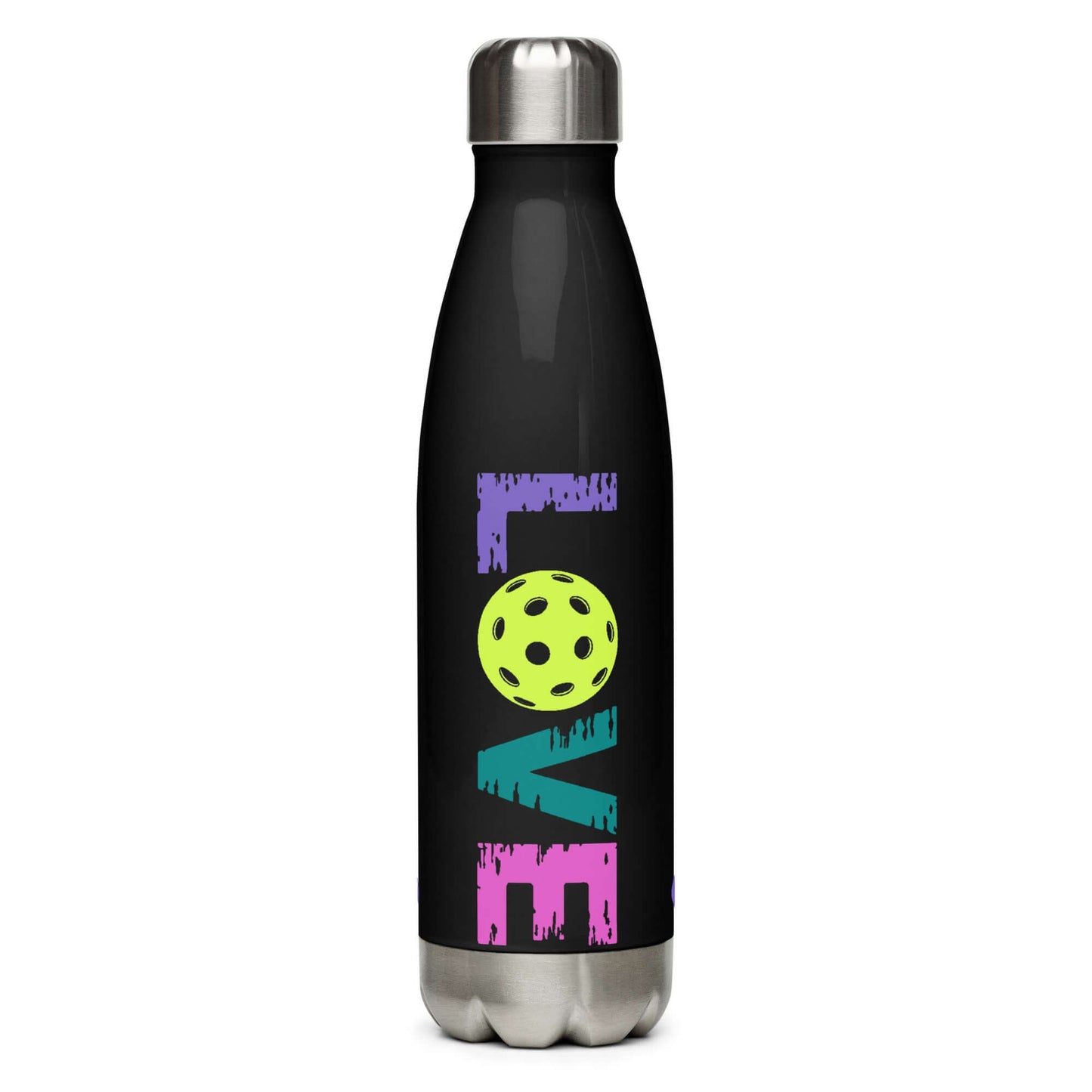 LOVE Pickleball stainless steel water bottle with black design and colorful text, ideal for hydration and pickleball fans.