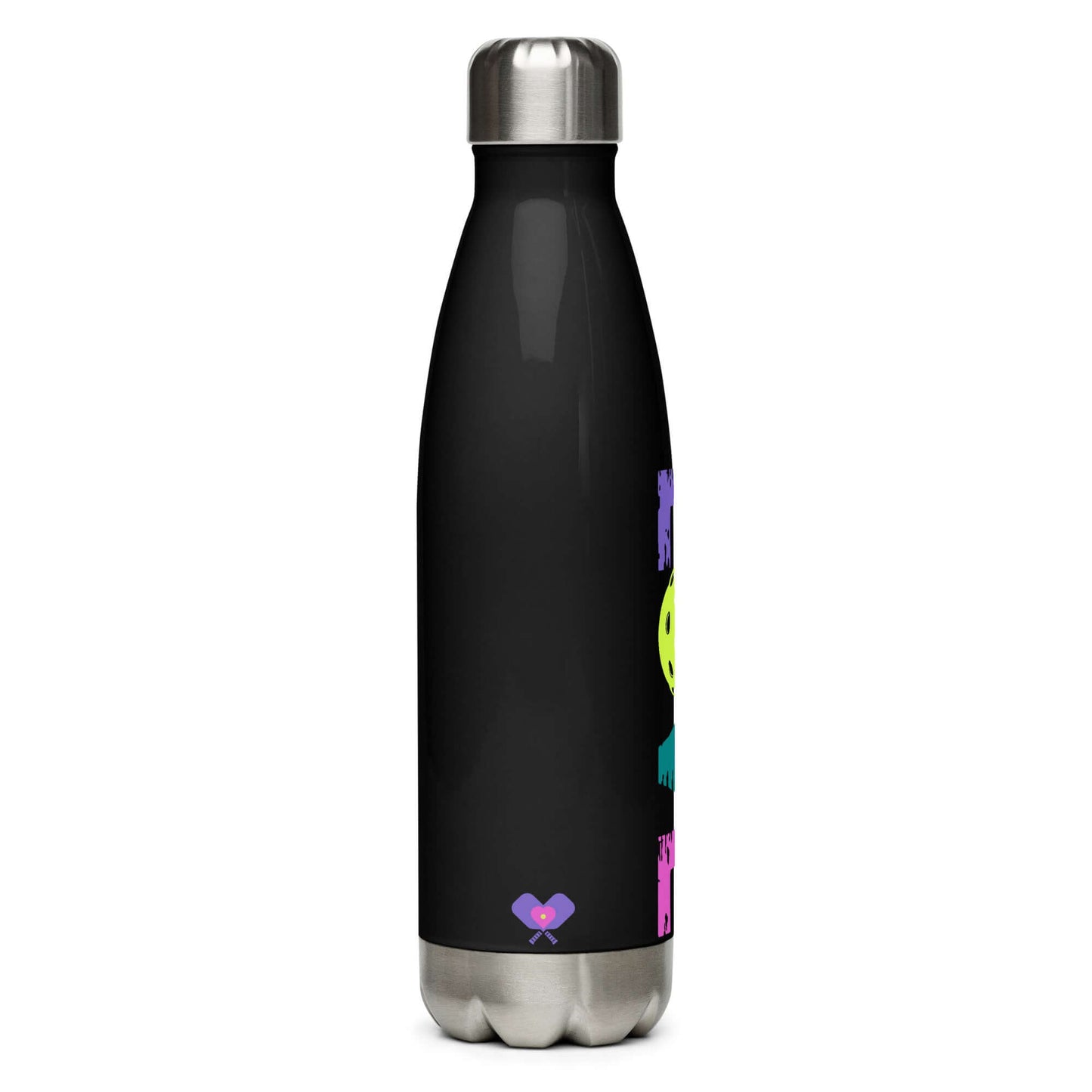 LOVE Pickleball stainless steel water bottle, sleek black design, vibrant colorful graphics, 17-ounce capacity.