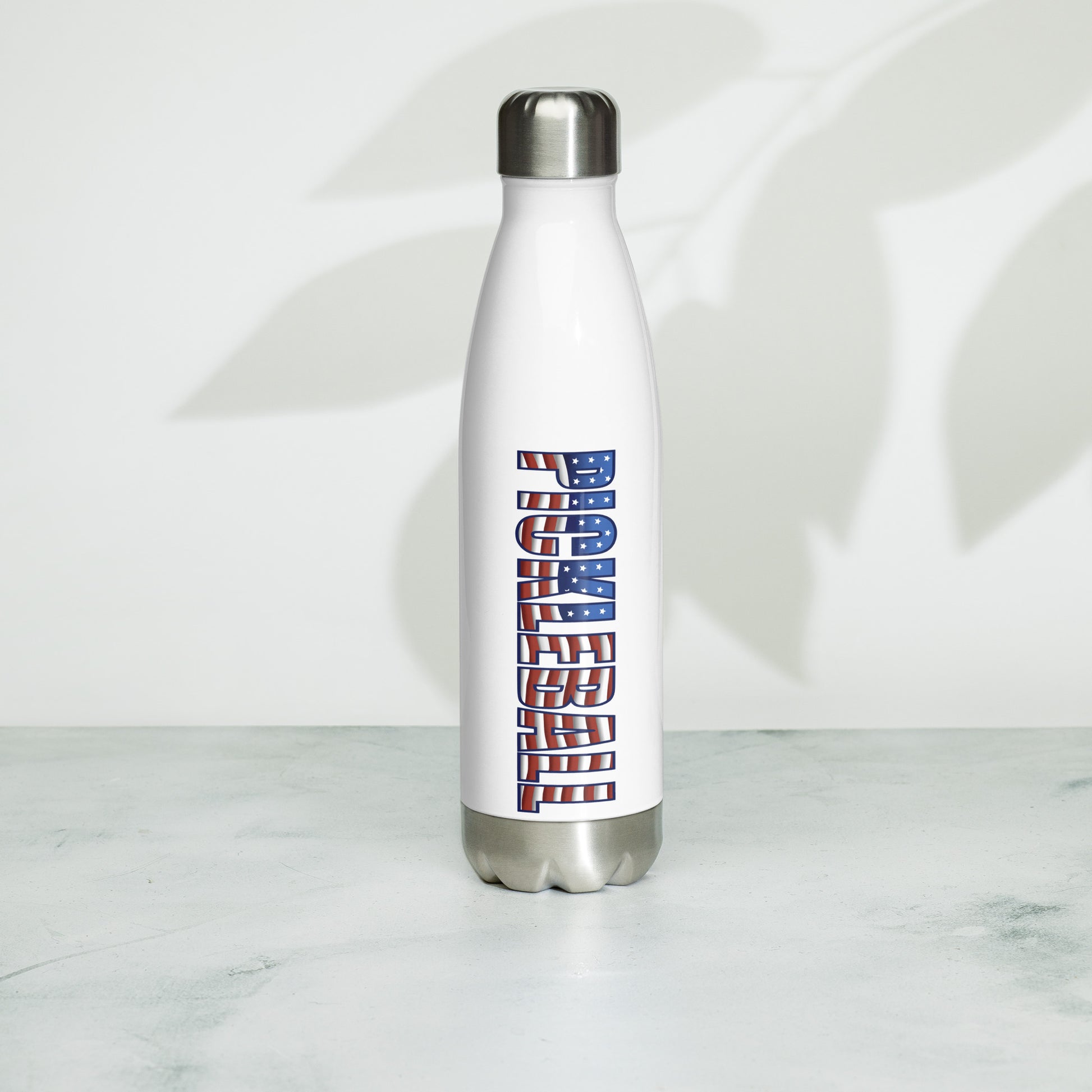 the back of Pickleball American Flag Series - Stainless steel water bottle 17oz on a counter