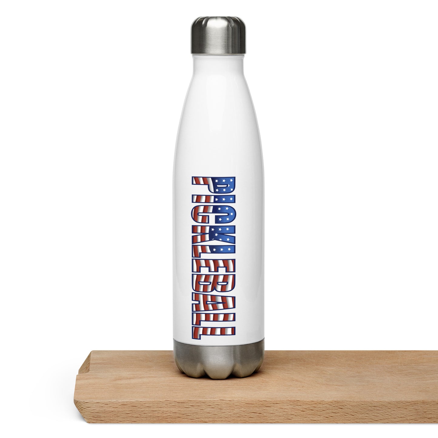 the front of Pickleball American Flag Series - Stainless steel water bottle 17oz on wood