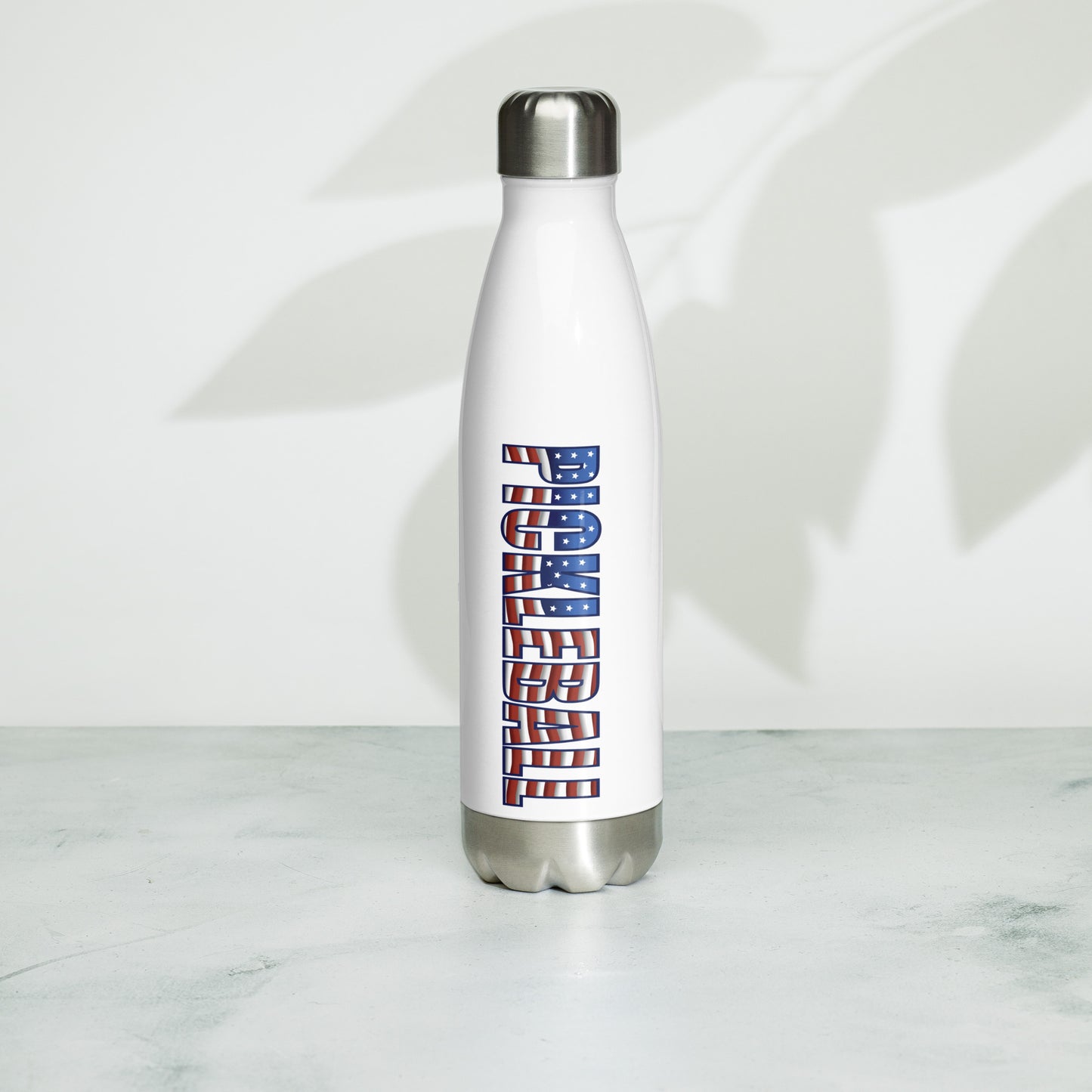 the front of Pickleball American Flag Series - Stainless steel water bottle 17oz on a counter