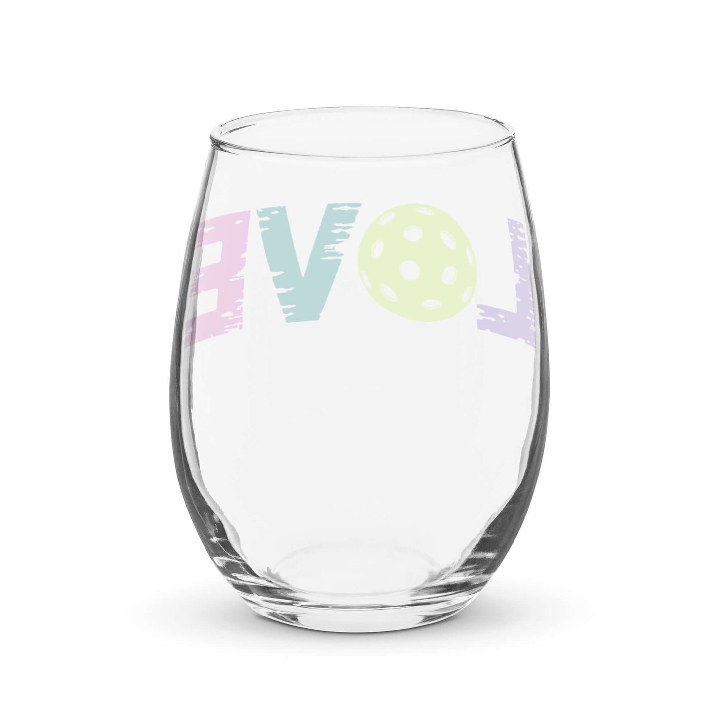 LOVE Pickleball stemless wine glass with colorful design, perfect for players and fans of the game.