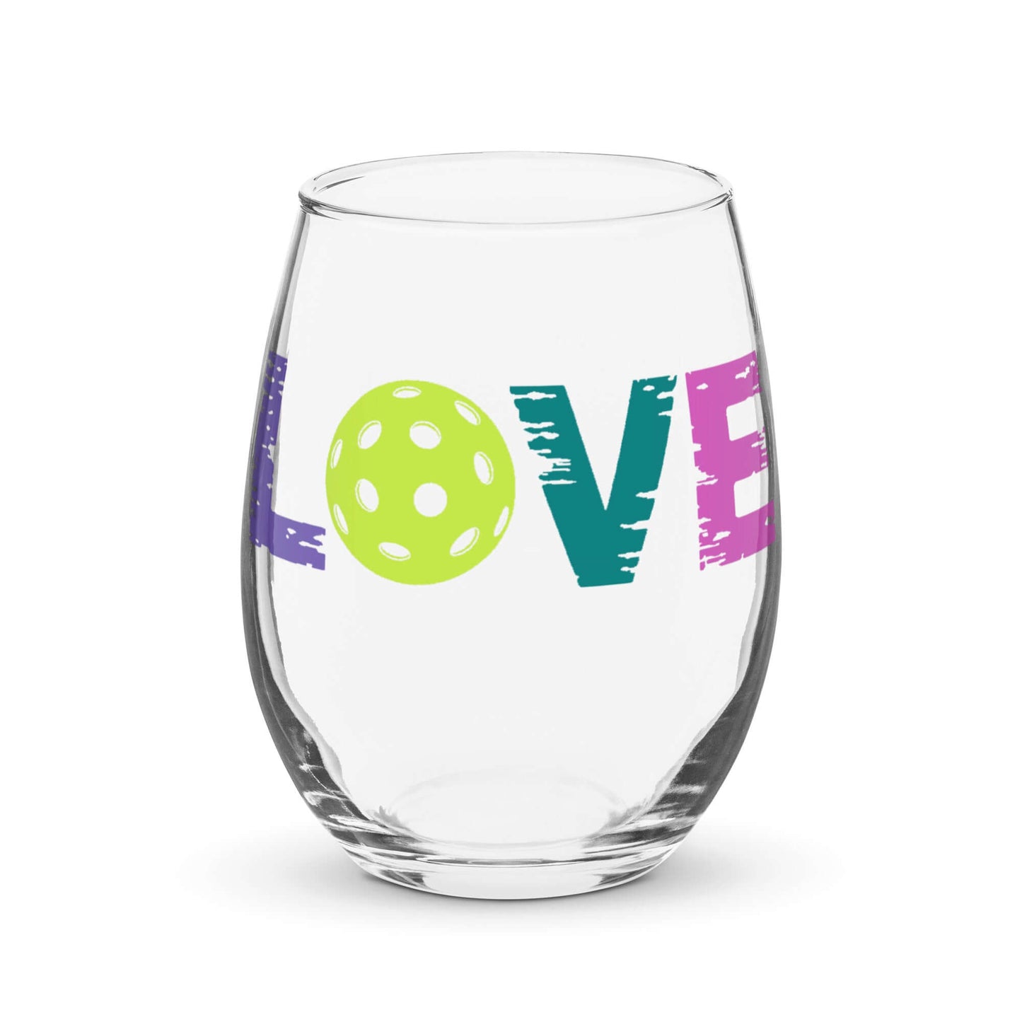 LOVE Pickleball Stemless Wine Glass featuring colorful text and a pickleball graphic.