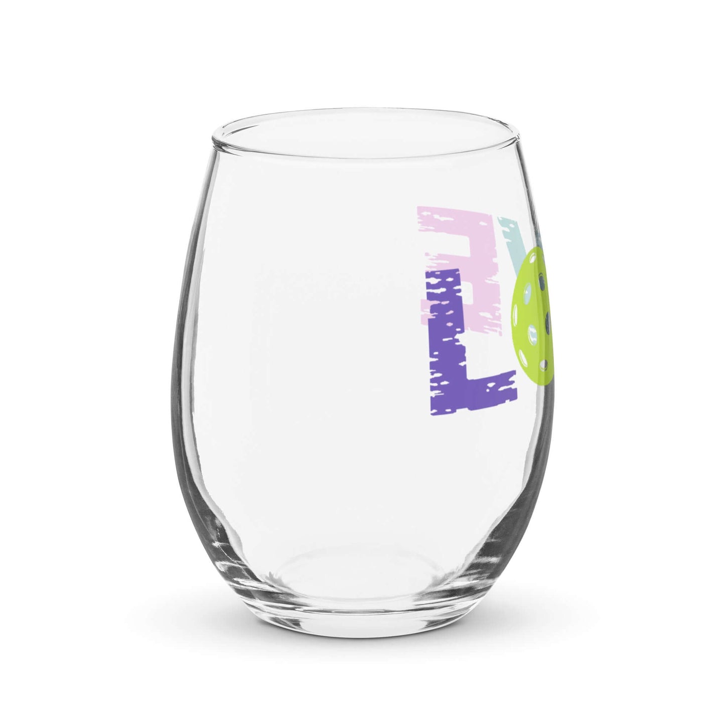 LOVE Pickleball Stemless Wine Glass with colorful design, perfect for pickleball fans and gatherings.