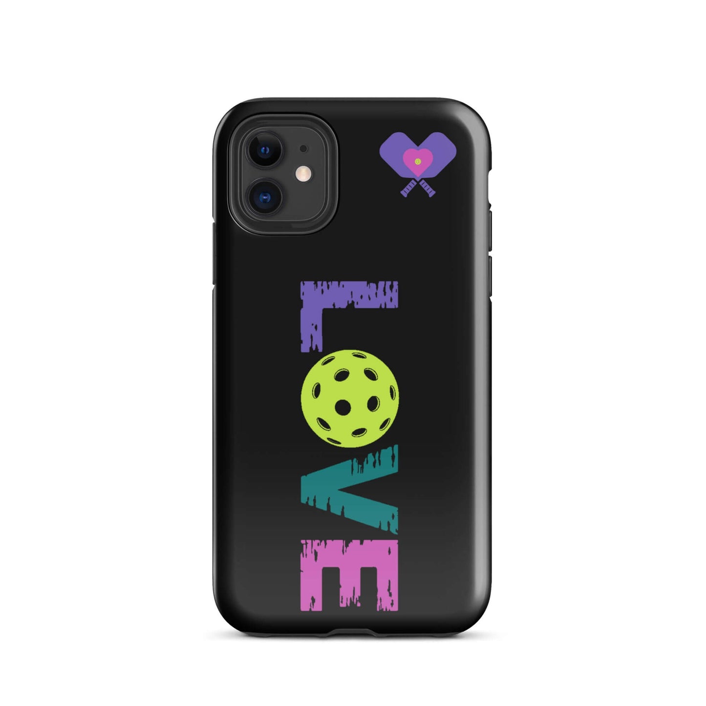 LOVE Pickleball Tough Case for iPhone® featuring colorful lettering and pickleball graphic on sleek black design.