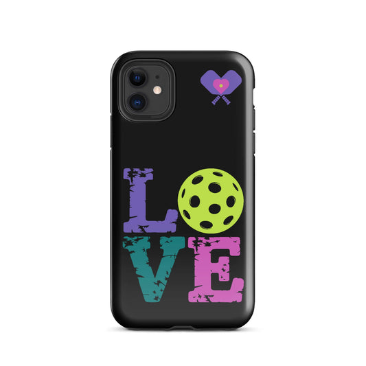 Women’s LOVE Pickleball Tough Case for iPhone® featuring colorful text and a pickleball design.