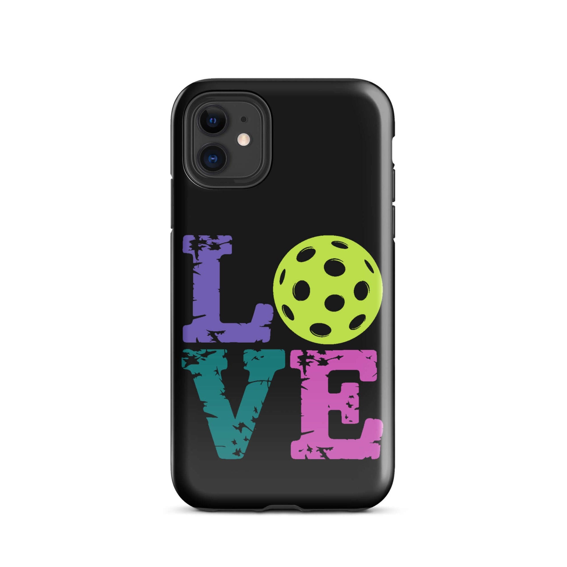 LOVE Pickleball Tough Case for iPhone® featuring colorful text and a pickleball design.