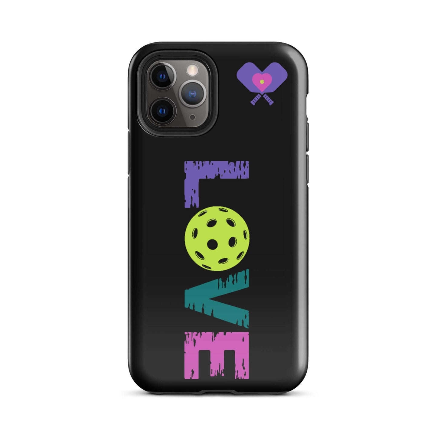 LOVE Pickleball tough case for iPhone® with vibrant colors and pickleball graphic on a sleek black background.