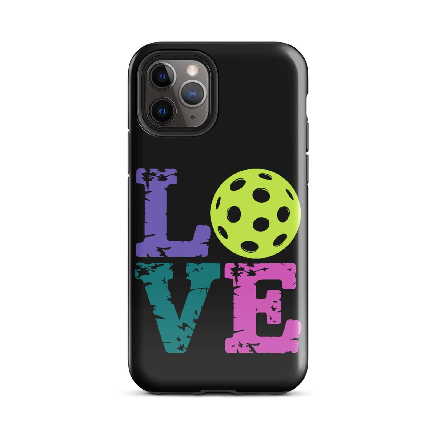 LOVE Pickleball Tough Case for iPhone®, showcasing vibrant colors and pickleball design.