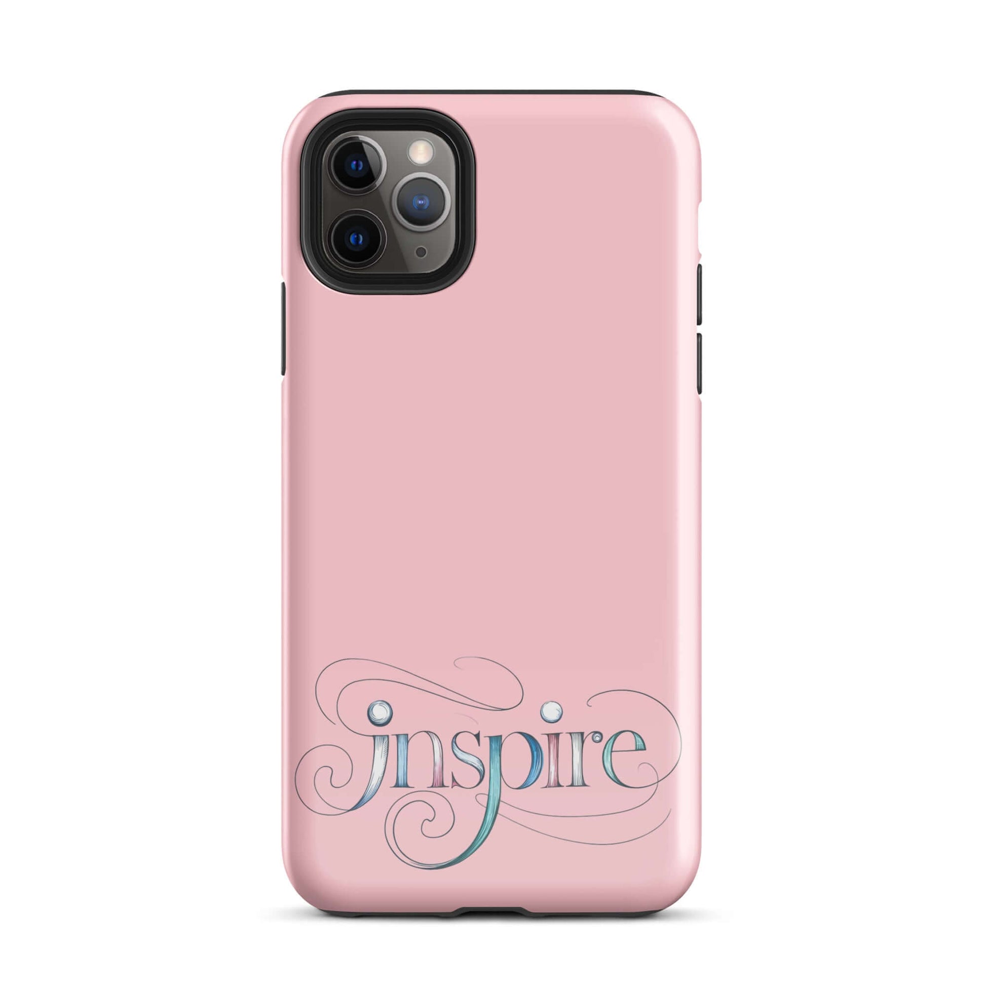 Inspire Sketch Tough Case for iPhone® with elegant word art design in pastel pink.