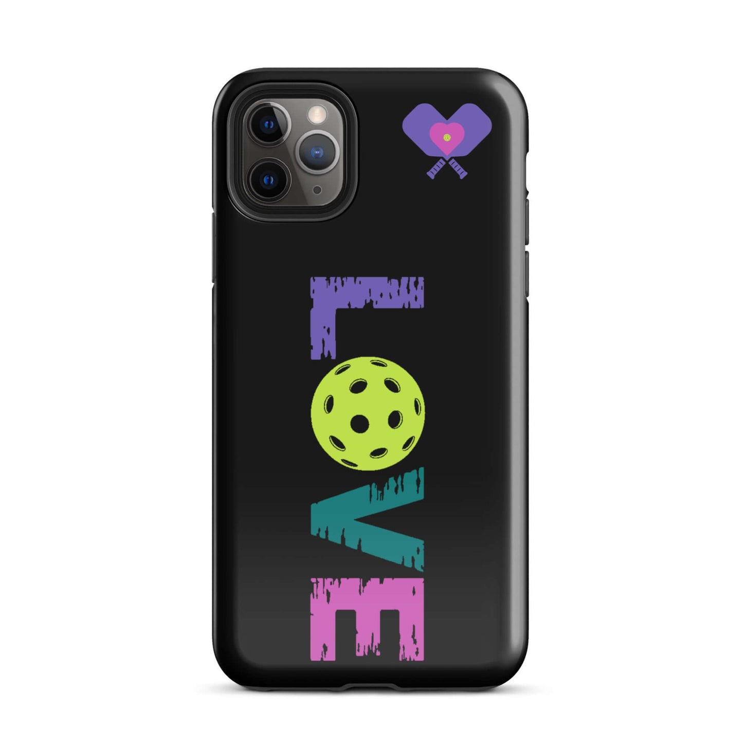 LOVE Pickleball Tough Case for iPhone with vibrant colors and polka dot ball design